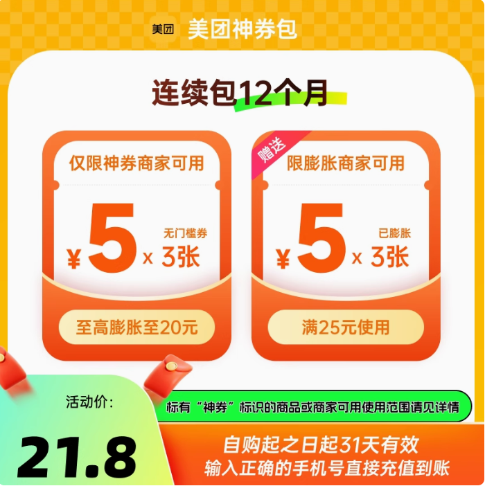 美团外卖神外卖神券360元（5元6张无门槛红包*12个月）